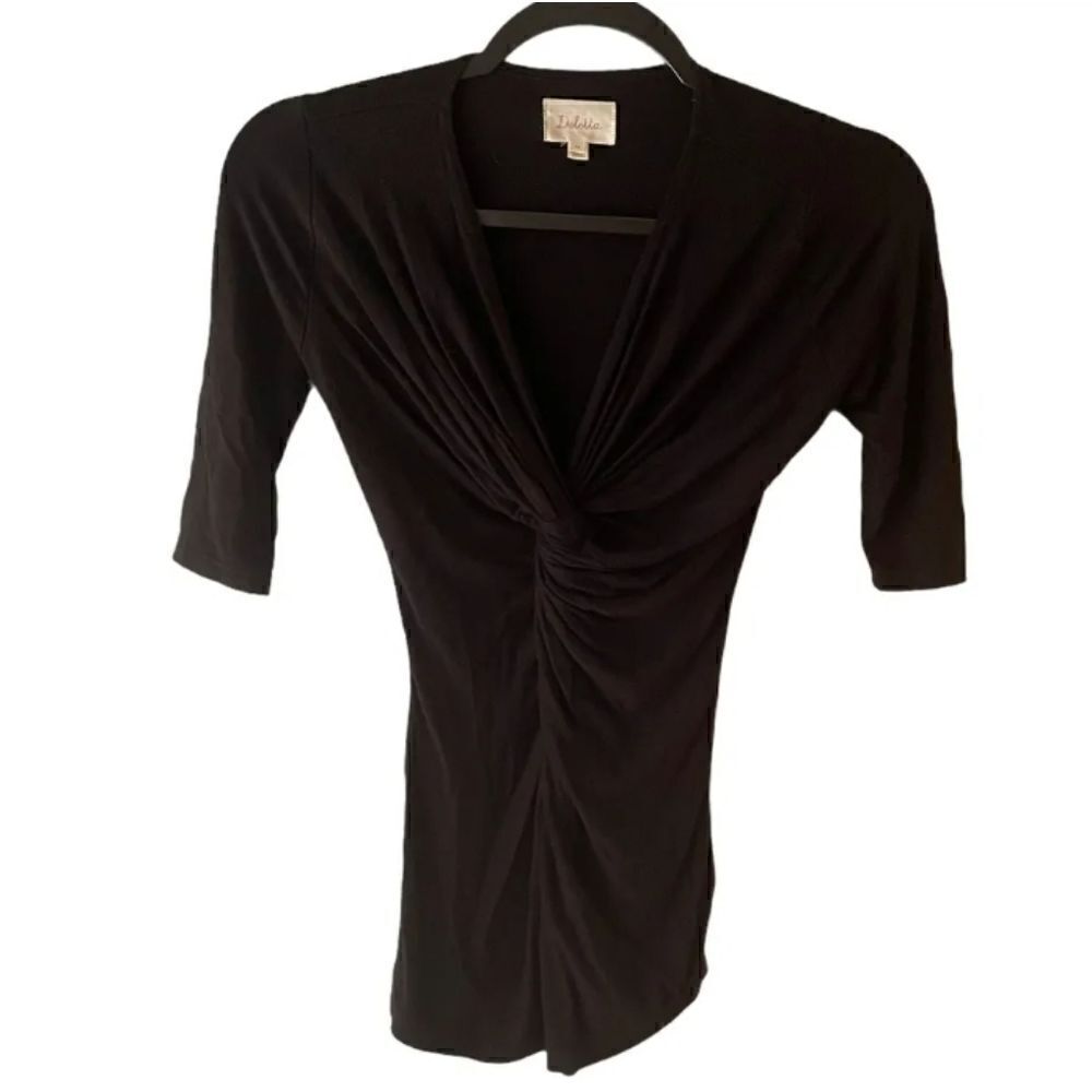 Anthropologie Deletta V Neck Wrap Top with Short Sleeves Sz XSMALL Black - Picture 5 of 11